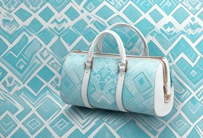The primary subject of the image is a white and blue handbag. The handbag is placed on a blue and white patterned surface, which adds a vibrant and colorful touch to the scene. The visual style of the image is a combination of photo and digital art, creating a unique and eye-catching design. The colors and mood of the image are predominantly blue and white, giving it a fresh and clean appearance.