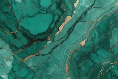 The primary subject of the image is a close-up of a green marble wall with gold veins. The setting is a room with a blue-green marble wall, and the visual style is a photo. The dominant colors are green and gold, creating a rich and luxurious atmosphere.