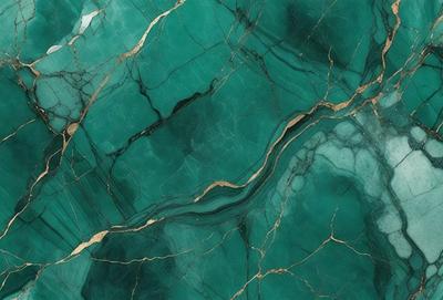 The primary subject of the image is a close-up of a marble countertop with a green and gold color scheme. The setting is a kitchen or bathroom counter, and the visual style is a realistic photo. The countertop features a unique and eye-catching design, with the gold and green colors creating a luxurious and elegant atmosphere.