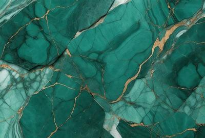 The primary subject of the image is a close-up of a green marble wall. The setting is a rocky surface, and the visual style appears to be a photo. The dominant colors are green and gold, creating a natural and earthy atmosphere.