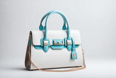The primary subject of the image is a white and blue handbag. The handbag is placed on a white background, which creates a clean and minimalist appearance. The visual style of the image is a photo, capturing the details of the handbag and its color scheme. The colors and mood of the image are predominantly white and blue, giving it a calm and serene atmosphere.