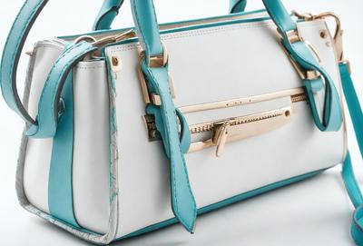The primary subject of the image is a white and blue handbag. The handbag is placed on a white surface, which creates a clean and minimalist background. The visual style of the image is a close-up of the handbag, showcasing its details and colors. The handbag has a blue strap and is made of leather, giving it a sophisticated and elegant appearance. The overall atmosphere of the image is calm and elegant, with the handbag being the main focus of the scene.