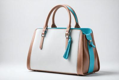 The primary subject of the image is a white and blue handbag. The handbag is placed on a white background, which creates a clean and minimalist appearance. The visual style of the image is a photo, capturing the details of the handbag and its color scheme. The colors and mood of the image are predominantly white and blue, giving it a calm and serene atmosphere.
