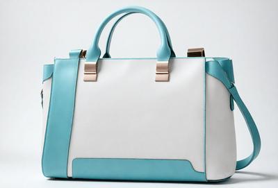 The primary subject of the image is a white and blue handbag. The handbag is placed on a white background, which creates a clean and minimalist appearance. The visual style of the image is a photo, capturing the details of the handbag and its color scheme. The colors and mood of the image are predominantly white and blue, giving it a calm and serene atmosphere.