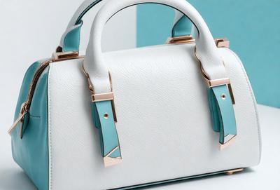 The primary subject of the image is a white handbag with blue accents. The handbag is placed on a white surface, which creates a clean and minimalist appearance. The visual style of the image is a close-up of the handbag, showcasing its details and design. The colors and mood of the image are predominantly white and blue, giving it a calm and sophisticated feel.
