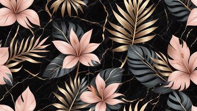 The primary subject of the image is a close-up of a pink flower with gold accents. The setting is a black background, which contrasts with the vibrant colors of the flower. The visual style is a combination of photo and digital art, creating a realistic yet artistic representation of the flower. The dominant colors are pink and gold, giving the image a warm and inviting atmosphere.