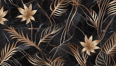 The primary subject of the image is a pattern of gold and black flowers on a black background. The setting is a marble surface, which adds to the visual style. The flowers are depicted in a digital art or illustration format, creating a rich and detailed appearance. The dominant colors are gold and black, giving the image a sophisticated and elegant mood.