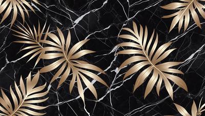 The image features two large, gold-colored palm leaves on a black marble surface. The leaves are positioned close to each other, creating a visually striking contrast between the gold and black colors. The overall atmosphere of the image is elegant and sophisticated, with the gold palm leaves adding a touch of luxury and warmth to the black marble surface.