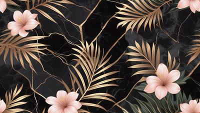 The primary subject of the image is a close-up of a pink flower with gold accents, placed on a black background. The visual style appears to be a combination of photo and digital art, creating a vibrant and eye-catching scene. The colors and mood of the image are predominantly pink and gold, giving it a warm and inviting atmosphere.