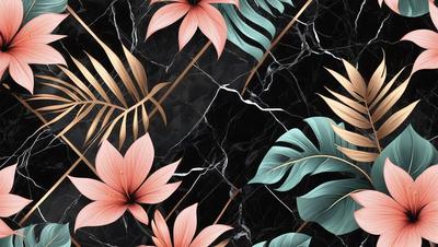 The image features a black and white marble surface with a variety of pink and gold flowers. The flowers are arranged in a pattern, creating a visually appealing and elegant design. The combination of the marble surface and the vibrant colors of the flowers gives the scene a sophisticated and luxurious atmosphere.