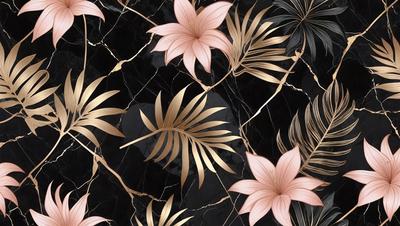 The primary subject of the image is a pattern of gold and pink flowers on a black background. The setting is a marble surface, which adds a luxurious and elegant touch to the scene. The visual style is a combination of digital art and illustration, creating a unique and eye-catching design. The dominant colors are gold, pink, and black, giving the image a warm and sophisticated atmosphere.