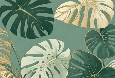 The image features a collection of green and white leaves, possibly from a plant or a painting. The leaves are arranged in a visually appealing manner, creating a sense of depth and dimension. The primary subject of the image is the leaves, which are the main focus of the scene. The setting is a green background, which provides a natural and vibrant atmosphere. The visual style of the image is a combination of realistic and artistic elements, as the leaves appear to be both painted and photographed. The colors and mood of