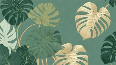 The image features a group of green and yellow leaves, possibly from a palm tree, arranged in a visually appealing manner. The leaves are placed on a green background, creating a vibrant and lively atmosphere. The leaves are depicted in a digital art style, giving the scene a modern and artistic touch. The primary subject of the image is the leaves, which are the main focus and draw the viewer's attention.