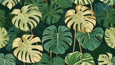 The image features a large green leaf pattern, which is the primary subject. The setting is a dark background, creating a contrast with the leaf pattern. The visual style is a combination of a photo and a pattern, giving the image a unique and artistic appearance. The dominant colors are green and yellow, creating a lively and vibrant atmosphere.
