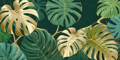 The primary subject of the image is a large green leaf, which is the main focus of the scene. The leaf is prominently displayed in the foreground, with a background of a dark green surface. The visual style of the image is a painting, which gives it a more artistic and detailed appearance. The dominant colors in the image are green and gold, creating a lush and vibrant atmosphere.