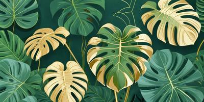 The primary subject of the image is a large green leaf with gold edges, which is the main focus of the scene. The leaf is placed against a green background, creating a vibrant and lush atmosphere. The visual style of the image is a combination of photo and digital art, as it appears to be a close-up of a leaf with a slightly blurred background. The colors and mood of the image are predominantly green and gold, giving it a warm and natural feel.