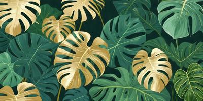 The image features a large green leaf with gold edges, which is part of a group of leaves. The leaves are arranged in a pattern, creating a visually appealing scene. The primary subject of the image is the leaf with gold edges, which stands out against the green background. The visual style of the image is a combination of nature and art, as the leaf is depicted in a detailed and intricate manner. The colors and mood of the image are lush and vibrant, with the green leaves and gold accents creating