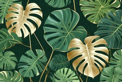 The primary subject of the image is a close-up of a leafy plant with gold accents. The setting is a green background, and the visual style is a combination of a photo and digital art. The colors are predominantly green and gold, creating a natural and warm atmosphere.