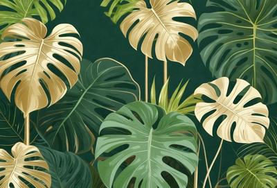 The image features a large green leafy plant with a gold-colored background. The plant is the primary subject, and it is set against a dark green background. The visual style appears to be a combination of a photo and a digital art or illustration, creating a vibrant and lush atmosphere. The dominant colors are green and gold, with the gold accents adding a touch of luxury and sophistication to the scene.