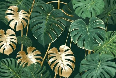 The primary subject of the image is a close-up of a large green leaf with gold accents. The leaf is part of a larger plant, and it appears to be the main focus of the image. The setting is a dark background, which contrasts with the bright green leaf and gold accents. The visual style is a combination of a photo and digital art, creating a unique and eye-catching image. The colors and mood of the image are predominantly green and gold, giving it a warm and natural atmosphere.