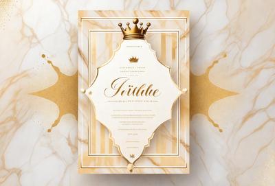 The primary subject of the image is a book cover featuring a crown and the word "Titile." The setting is a marble surface, and the visual style is a combination of digital art and illustration. The colors and mood of the image are elegant and sophisticated, with gold and white colors dominating the scene.