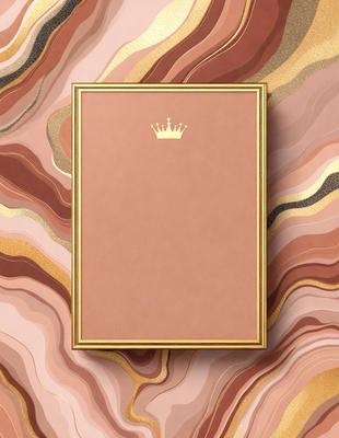 The primary subject of the image is a framed picture with a crown on top. The setting is a marbled wall, which serves as the background. The visual style is a combination of photo and digital art, creating a unique and intricate design. The colors and mood of the image are warm and elegant, with the gold crown and marbled wall adding a touch of sophistication.