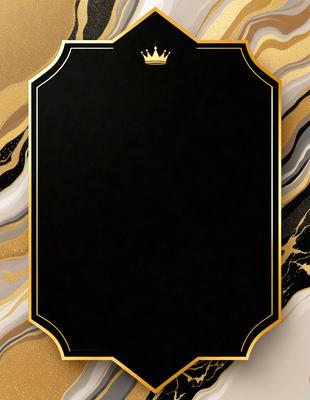 The primary subject of the image is a black and gold frame with a crown on top. The setting is a black background, and the visual style is a combination of digital art and illustration. The dominant colors are black and gold, creating a sophisticated and elegant atmosphere.