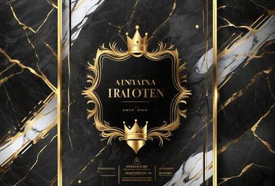 The primary subject of the image is a gold crown, which is placed on top of a black and gold background. The setting is a marble surface, and the visual style is a combination of digital art and illustration. The colors and mood of the image are elegant and luxurious, with the gold crown and black and gold background creating a sense of sophistication and royalty.