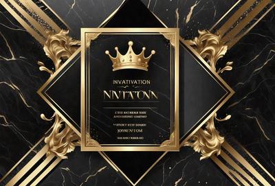 The primary subject of the image is a gold crown, which is placed on top of a black background. The setting is a black and gold invitation, which features a patterned design. The visual style is a combination of digital art and illustration, creating a sophisticated and elegant appearance. The colors and mood of the image are predominantly gold and black, giving it a luxurious and prestigious feel.