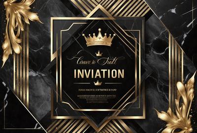 The primary subject of the image is a gold and black invitation card. The card features a crown on top, indicating a royal or high-class event. The setting is a black and gold background, which complements the invitation card's design. The visual style is a combination of digital art and illustration, creating a sophisticated and elegant appearance. The colors and mood of the card are predominantly gold and black, giving it a luxurious and prestigious feel.