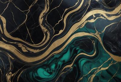 The primary subject of the image is a marble table with a gold and blue pattern. The setting is a black and gold marble table, and the visual style is a combination of digital art and illustration. The dominant colors are gold, blue, and black, creating a luxurious and elegant atmosphere.