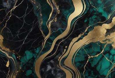 The primary subject of the image is a marble table with a gold design on it. The setting is a room with a black and gold marble table. The visual style is a combination of digital art and illustration, creating a unique and eye-catching design. The colors and mood of the image are predominantly black and gold, giving it a luxurious and elegant appearance.