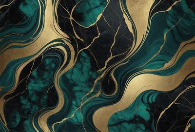 The primary subject of the image is a green and gold marble-like pattern. The setting is a black and gold background, which adds a contrasting effect to the pattern. The visual style is a combination of digital art and illustration, creating a unique and eye-catching design. The colors and mood of the image are predominantly gold and green, giving it a warm and luxurious appearance.