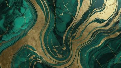 The primary subject of the image is a gold and green marbled design, which appears to be a painting or a digital artwork. The setting is a green background, and the visual style is a combination of digital art and painting. The dominant colors are gold and green, creating a warm and vibrant atmosphere.