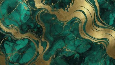 The primary subject of the image is a green marble-like surface with gold accents. The setting is a room with a green and gold color scheme. The visual style is a combination of digital art and illustration, creating a unique and eye-catching design. The dominant colors are green and gold, giving the scene a luxurious and elegant atmosphere.