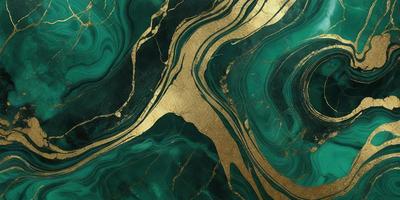 The primary subject of the image is a marble-like surface with gold accents. The setting is a green and gold marble-like surface, which appears to be a wall or a table. The visual style is a combination of a photo and digital art, creating a unique and eye-catching design. The dominant colors are green and gold, giving the surface a luxurious and elegant appearance.