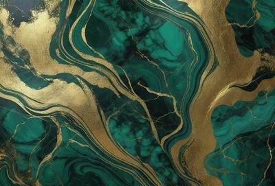 The primary subject of the image is a green and gold marble-like pattern. The setting is a wall with a gold and green marble-like pattern. The visual style is a combination of digital art and illustration. The dominant colors are green and gold, creating a warm and inviting atmosphere.