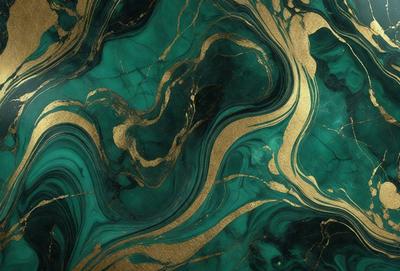 The primary subject of the image is a marble table with a gold and green marble design. The setting is a room with a blue background. The visual style is a combination of photo and digital art, creating a unique and eye-catching design. The dominant colors are gold, green, and blue, giving the table a luxurious and elegant appearance.