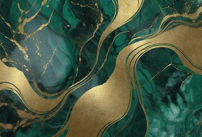 The primary subject of the image is a green marble surface with gold accents. The setting is a room with a green marble wall, and the visual style is a combination of photo and digital art. The dominant colors are green and gold, creating a luxurious and elegant atmosphere.