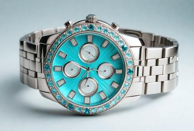 The primary subject of the image is a blue and silver watch with a blue face. The watch is set against a white background, giving it a clean and modern appearance. The visual style of the image is a close-up of the watch, showcasing its details and design. The colors and mood of the image are predominantly blue, giving it a calm and soothing atmosphere.