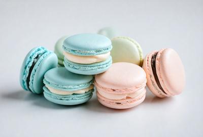 The image features a stack of macaroon cookies, with a total of 11 cookies visible. The cookies are arranged in a pile, with some of them placed on top of each other. The cookies are of various sizes and colors, creating a visually appealing display. The overall atmosphere of the image is one of indulgence and enjoyment, as the macaroon cookies are a popular treat.