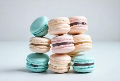 The image features a stack of macarons, with a total of 12 visible. The macarons are arranged in a visually appealing manner, with some placed on top of each other. The colors of the macarons are predominantly white and blue, creating a harmonious and appetizing display. The setting appears to be a table, providing a clean and organized surface for the macarons. The overall atmosphere of the image is one of elegance and sophistication, with the macarons