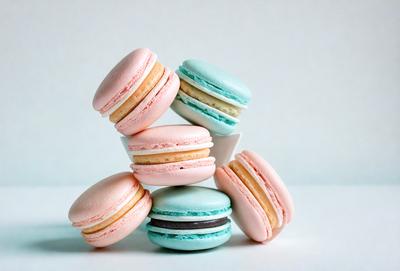The primary subject of the image is a stack of macarons, which are pink and white in color. The setting is a white background, and the visual style is a close-up of the macarons. The dominant colors are pink and white, and the overall atmosphere is sweet and appetizing.
