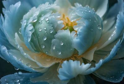 The primary subject of the image is a beautiful blue flower with a yellow center, surrounded by water droplets. The setting is a close-up of the flower, showcasing its intricate details. The visual style is a realistic representation of the flower, with the water droplets adding a touch of natural beauty to the scene. The colors and mood of the image are serene and calming, with the blue flower and water droplets creating a peaceful and soothing atmosphere.
