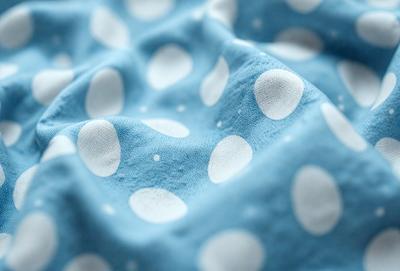 The primary subject of the image is a blue polka dot fabric. The setting is a close-up view of the fabric, showcasing its pattern and texture. The visual style is a realistic representation of the fabric, capturing its details and colors. The dominant colors are blue and white, creating a lively and cheerful atmosphere.