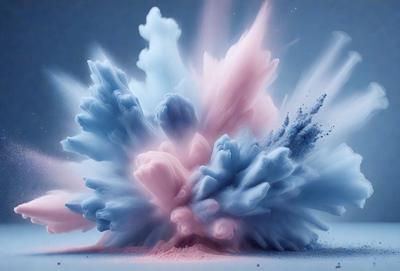 The primary subject of the image is a pink and blue explosion, which appears to be a digital art or illustration. The setting is a blue background, and the visual style is a combination of colors and patterns. The dominant colors are pink and blue, creating a vibrant and energetic atmosphere.