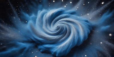 The primary subject of the image is a blue spiral pattern, which appears to be a swirl or a whirlpool. The setting is a dark background, which contrasts with the blue spiral. The visual style of the image is a combination of a photo and digital art, as it captures the spiral pattern in a detailed and artistic manner. The colors and mood of the image are predominantly blue, creating a sense of depth and tranquility.