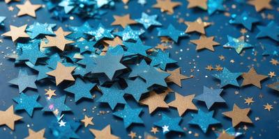 The primary subject of the image is a close-up of a blue star decoration. The setting is a blue background, and the visual style appears to be a photo. The dominant colors are blue and gold, creating a calm and serene atmosphere.