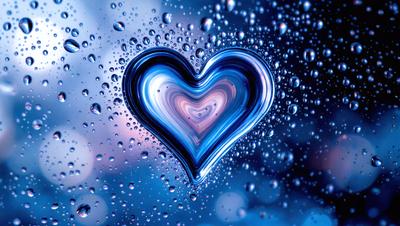 The primary subject of the image is a heart-shaped blue object, which appears to be a heart-shaped piece of glass or a blue heart-shaped sculpture. The heart is surrounded by water droplets, giving the impression of a rainy day. The setting is outdoors, with the heart-shaped object placed in front of a blue sky. The visual style of the image is a combination of artistic and natural elements, creating a unique and captivating scene. The colors and mood of the