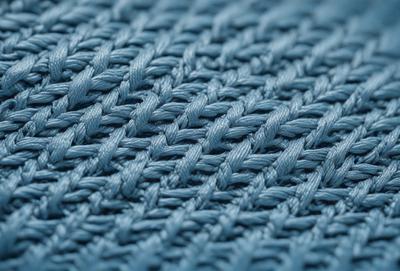 The primary subject of the image is a close-up of a knitted fabric, which appears to be a blue yarn. The setting is a knitted fabric, and the visual style is a close-up of the knitted fabric. The colors and mood of the image are predominantly blue, giving it a calm and soothing atmosphere.